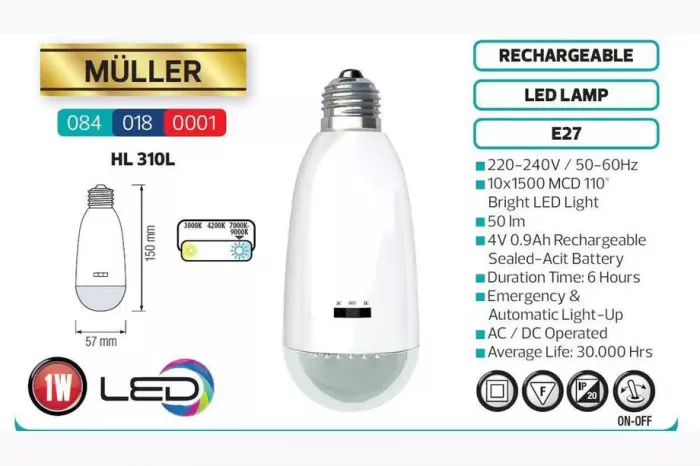Аварійна лампа з акумулятором Horoz Electric HL 310L (1 W) Освітлення